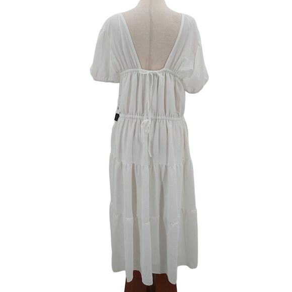 BLACK TAPE SZ M White Square Neck Puff Sleeve Tiered Midi Dress NWT B134 - Picture 3 of 10
